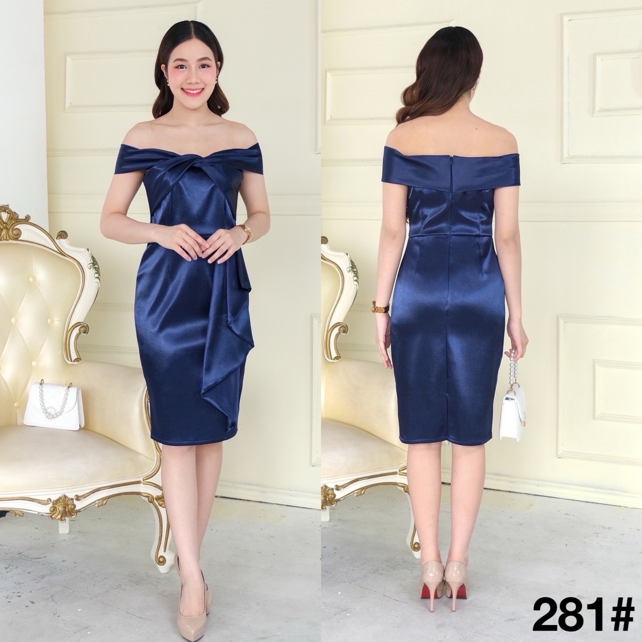 kudapy เดรสสั้นเปิดบ่าทวิชอก กระโปรงสอบ แต่งจีบสะโพก ซิปหลังใส่ง่าย เนื้อผ้าดัชเชสอัดกาว