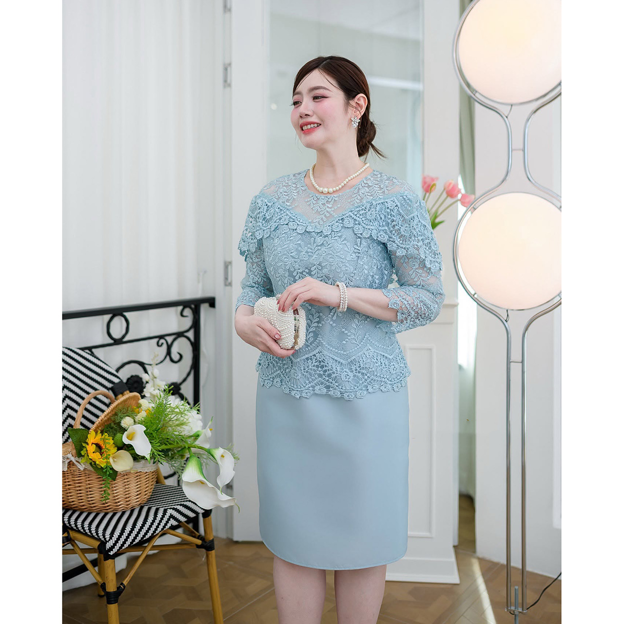 kudapy เดรสผ้าไหมลูกไม้แต่งไหล่ระบายแบบสวยเก๋ งานแขนห้าส่วนลูกไม้นิ่มไม่ระคายผิว