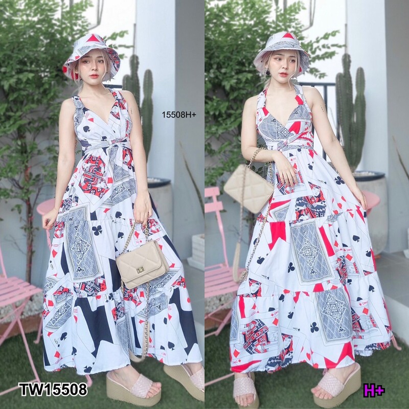 kudapy แม็กซี่เดรสคล้องคอผูกสีดำ สีแดง ผ้าไหมอิตาลี่ พิมลายไพ่ทั้งชุด เอวสม็อคหลัง