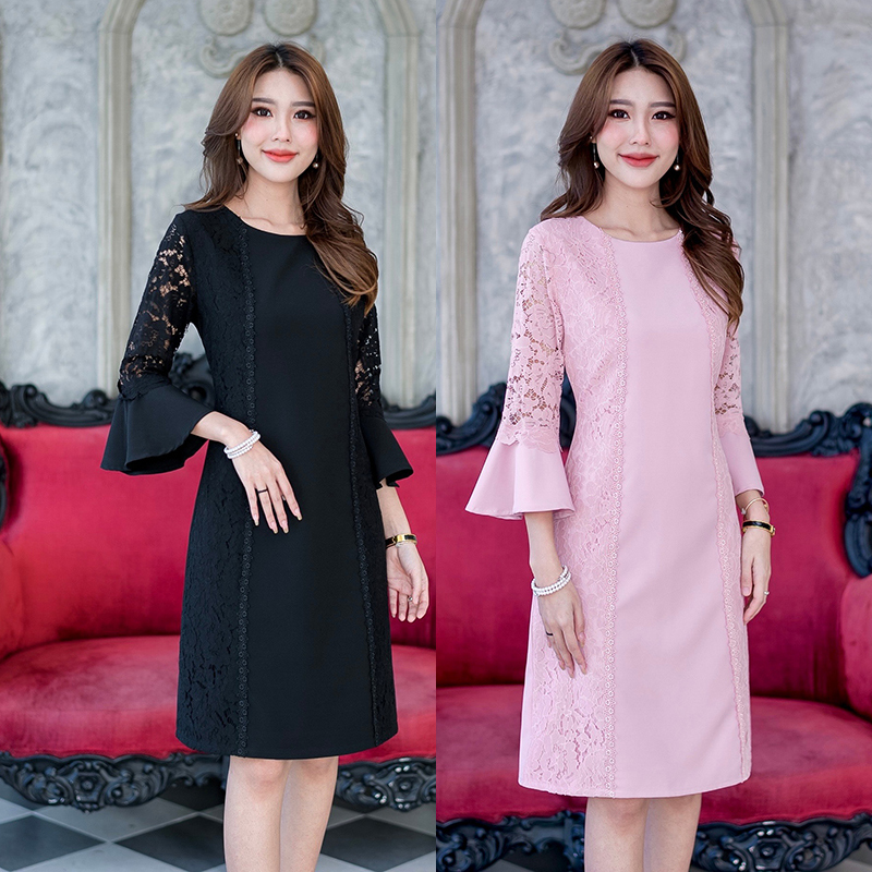 kudapy เดรสสั้นสีชมพู/สีดำ เดรสแต่งลูกไม้แขนยาวระบาย สวยใส่สบายดูดี