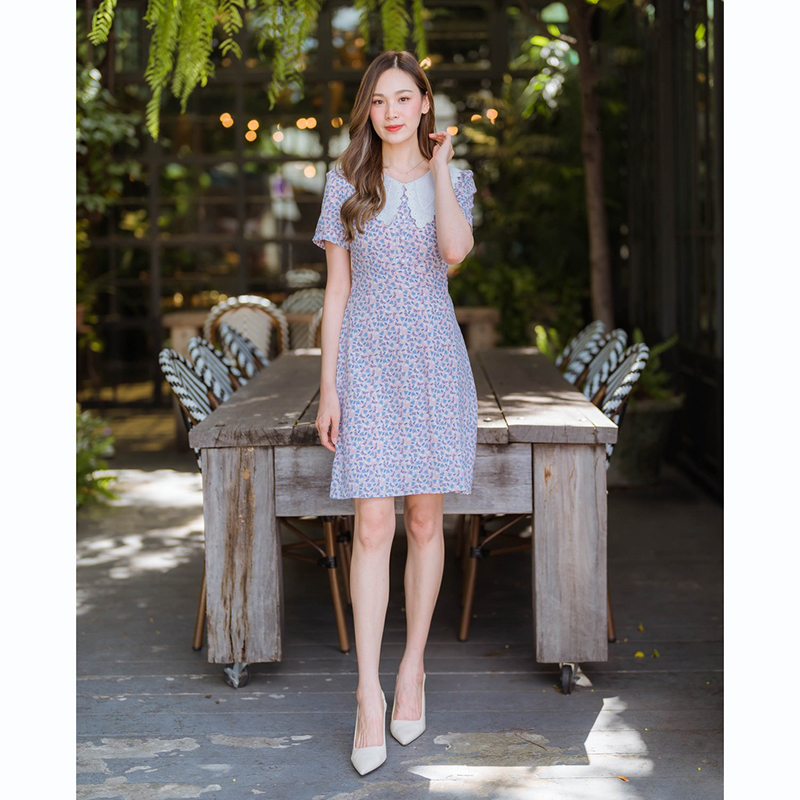 kudapy เดรสสั้นคอปกลูกไม้สีกรม/สีชมพู/สีเหลือง เดรสทำงานลายดอกปกลูกไม้