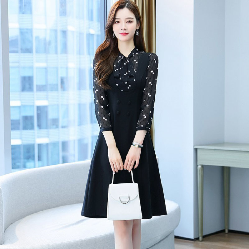 kudapy เดรสสั้นสีดำ ผูกโบว์ แขนยาว กระโปรงคลุมเข่า แนวเรียบร้อย สวยสง่า ใส่ดูดี