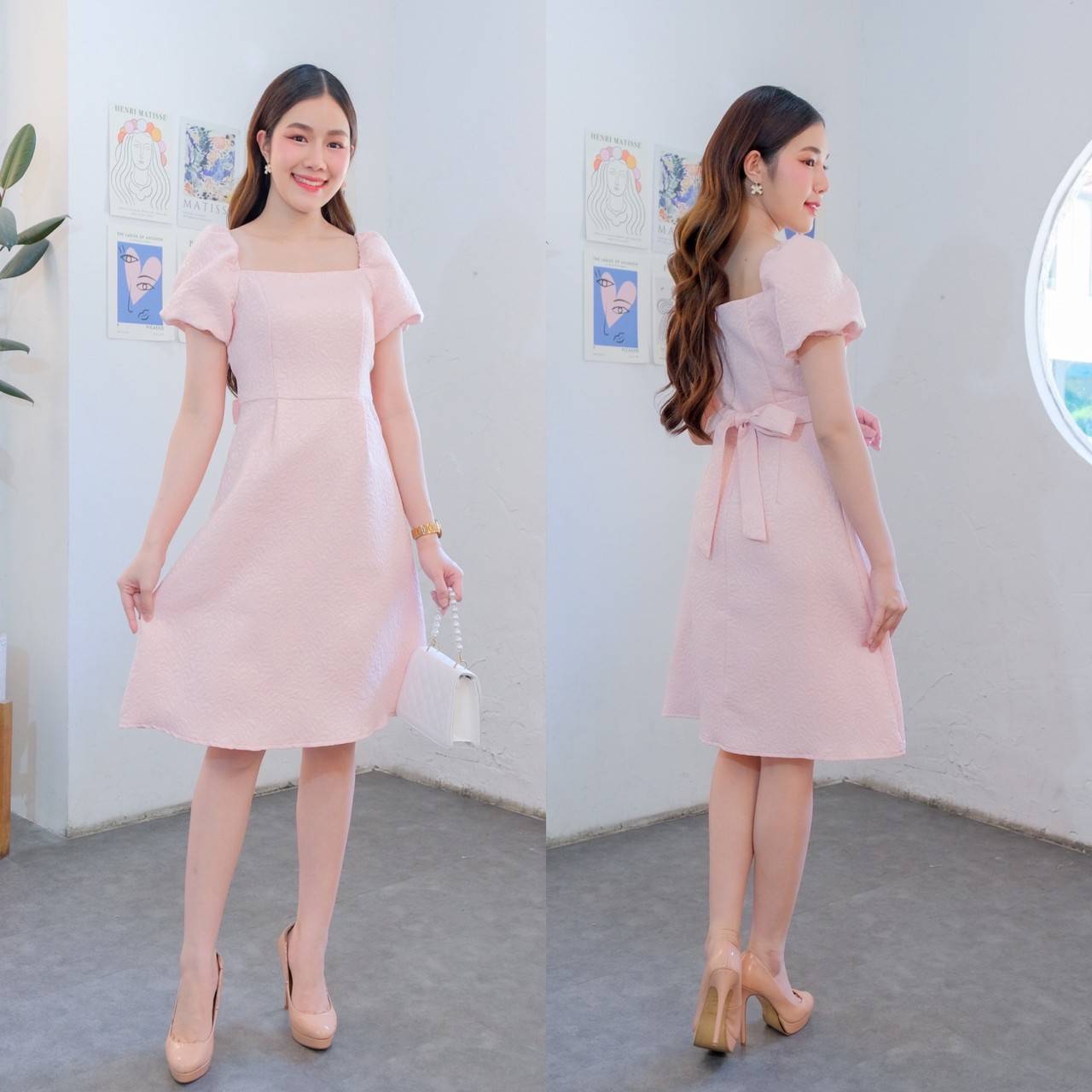 kudapy เดรสสั้นคอเหลี่ยนใส่ออกงานสีแดง,สีฟ้า,สีขาว,สีชมพูอ่อน,สีเขียวพาสเทล เดรสสั้นพอดีเข่า ใส่งานแต่ง งานบุญได้หมดค่ะ