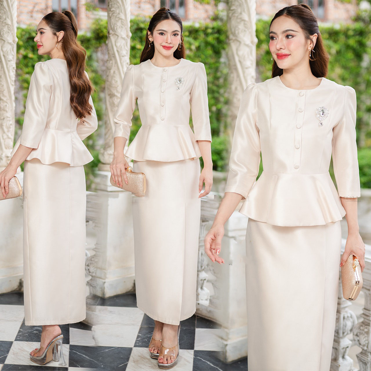 kudapy ชุดเซ็ทงานเสื้อผ้าไหมจิตรลดา คอกลม แขนทรงกระบอก แต่งกระดุมหน้า เอวระบาย อัดกาวบุซับในอย่างดี ใส่สบาย มาพร้อมซิปซ่อนหลังรูดง่าย