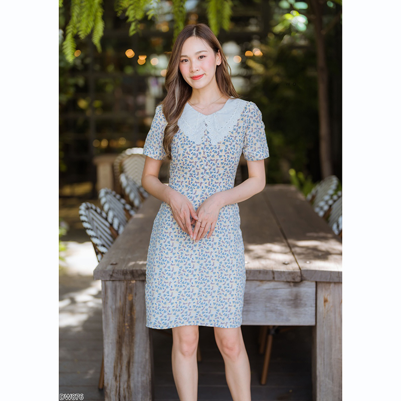 kudapy เดรสสั้นคอปกลูกไม้สีกรม/สีชมพู/สีเหลือง เดรสทำงานลายดอกปกลูกไม้