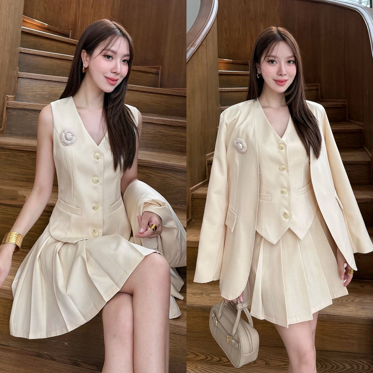 kudapy เซ็ท 4 ชิ้น เสื้อสูท+เสื้อ vestด้านใน +กระโปรง(กางเกงเป็นซับใน)+เข็มกลัดดอกไม้ ใช้ผ้าเดียวกันทั้งเซ็ท ตัวเสื้อสูทมีซับในอย่างดี