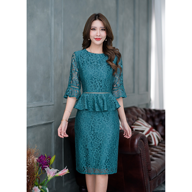 kudapy เดรสสั้นสีเขียว/สีเทา ลูกไม้ผ้านุ่มนิ่ม งานผ้าลูกไม้เนื้อหนานุ่มใส่สบาย งานผ้าลายสวยเรียบหรู