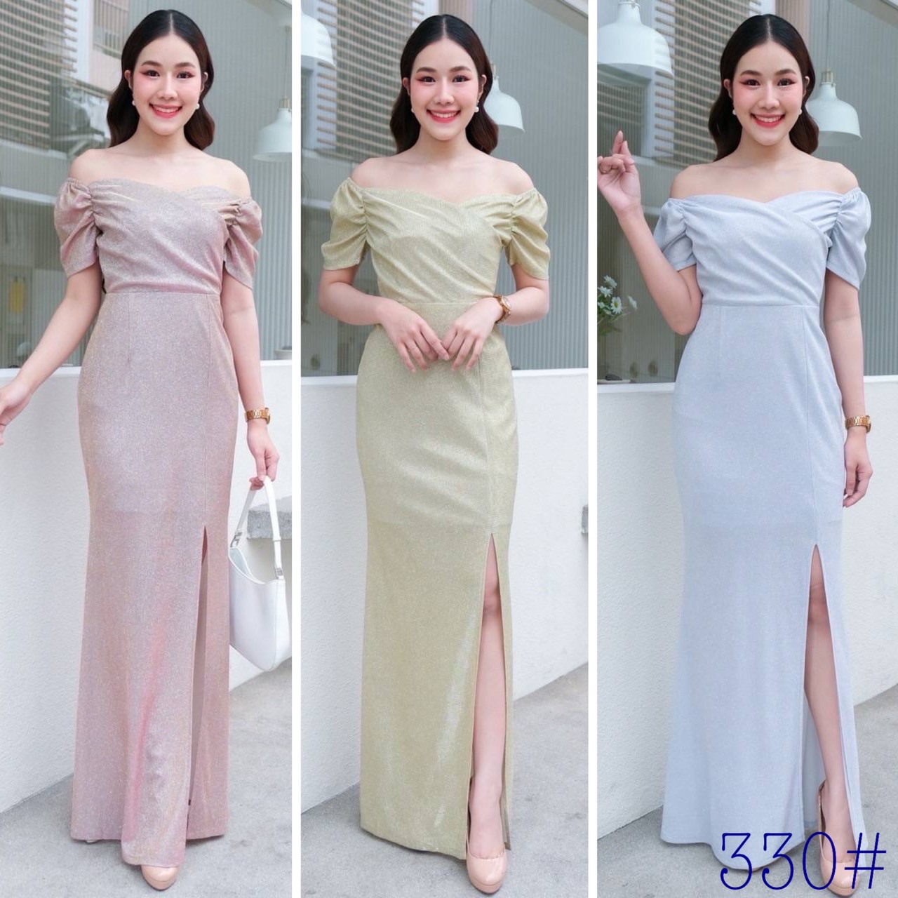 kudapy เดรสยาวสีชมพู/สีเงิน/สีทอง แขนสั้นจีบทิวลิป เปิดบ่า แขนสั้นคอเหลี่ยม กระโปรงหางปลาผ่าหน้า