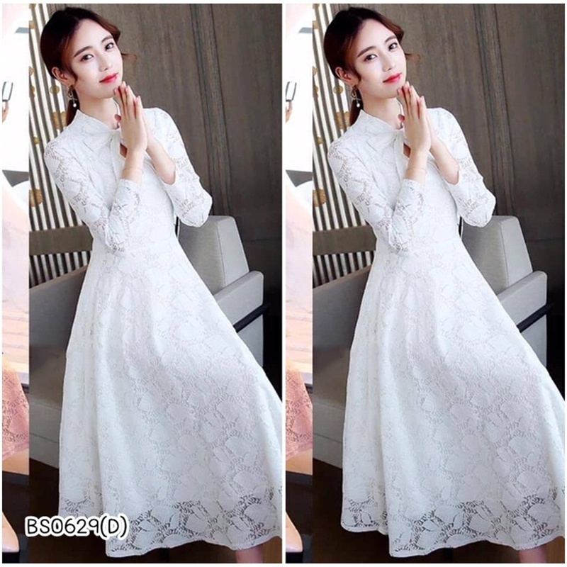 kudapyเดรสสั้นสีชมพู/สีขาว ลูกไม้ คอผูกโบว์ ช่วงเอวหลังมียางยืด ผ้าลูกไม้ลายสวยมากค่า งานมีซับใน