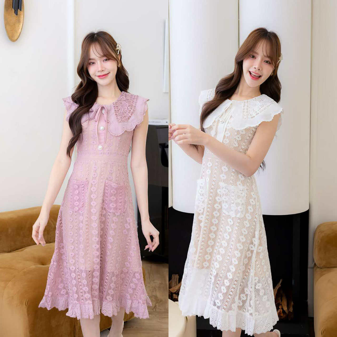 kudapy เดรสสั้นสีขาว/สีชมพู ผ้าลูกไม้ยาวคอปกฉลุ