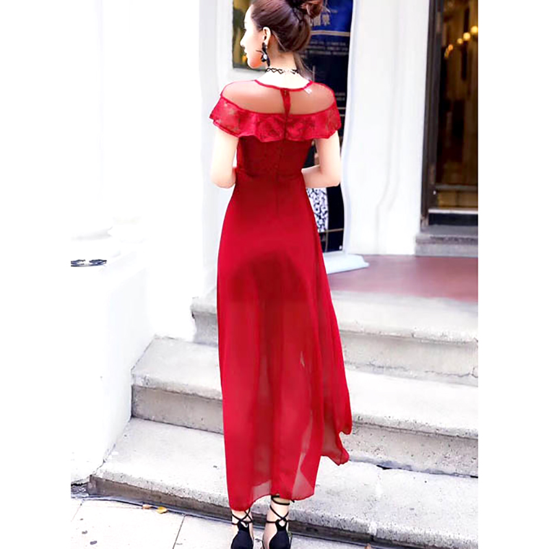 kudapy เดรสยาวสีแดงแนววินเทจ คอกลมแต่งระบายรอบไหล่ ใส่ออกงานสวยหรูหรา