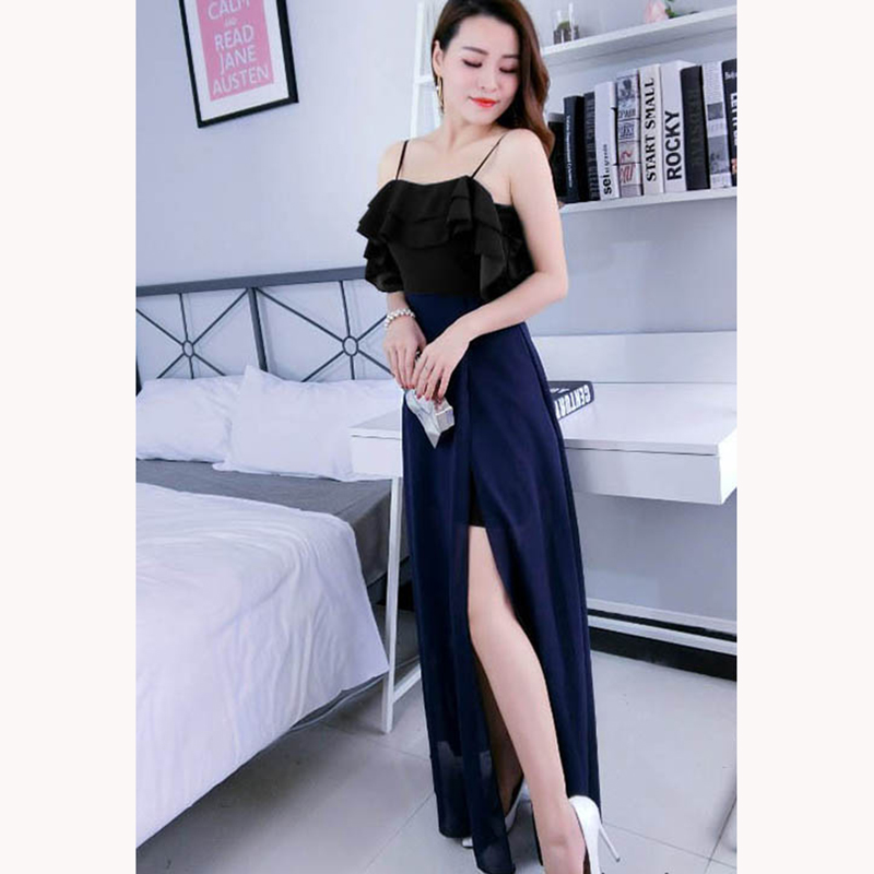 kudapy เดรสยาวสีดำ สายเดี่ยวตัวเดรสผ้ากระโปรงชีฟองสีกรมสวยเซ็กซี่