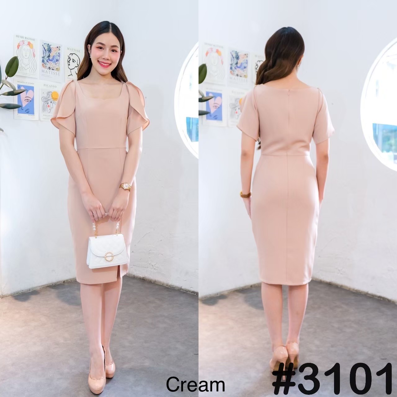 kudapy เดรสสั้นสีส้มโอรส,ครีมนู้ด,เขียวพิตาชิโอ้,ชมพู,แดง,กรม เรียบหรู เทลอกหัวใจ แขนจับเดรปสองเลเยอร์ กระโปรงผ่าหน้า เนื้อผ้าเครปเกาหลีอัดกาว