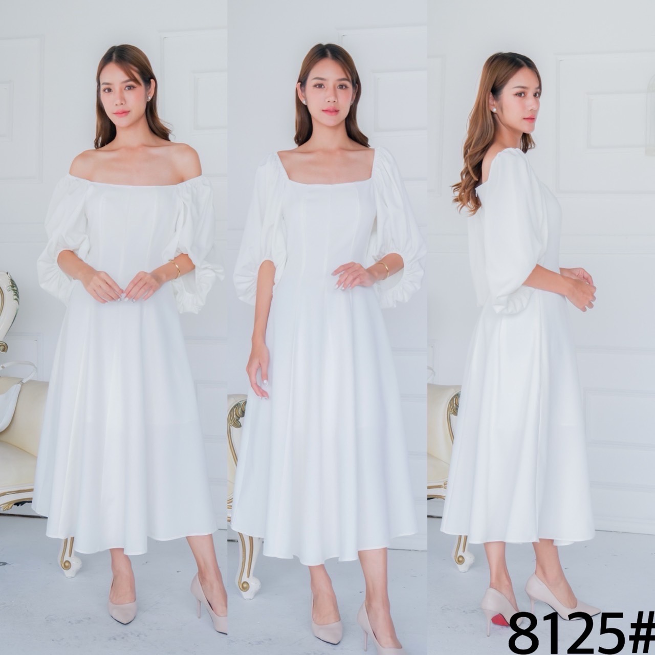 kudapy เดรสยาว คอเหลี่ยม แขนพองจีบรูด คัตติ้ง บอดี้ผ้าประกอบ8ชิ้น กระโปรงบานตีเกร็ดเอว