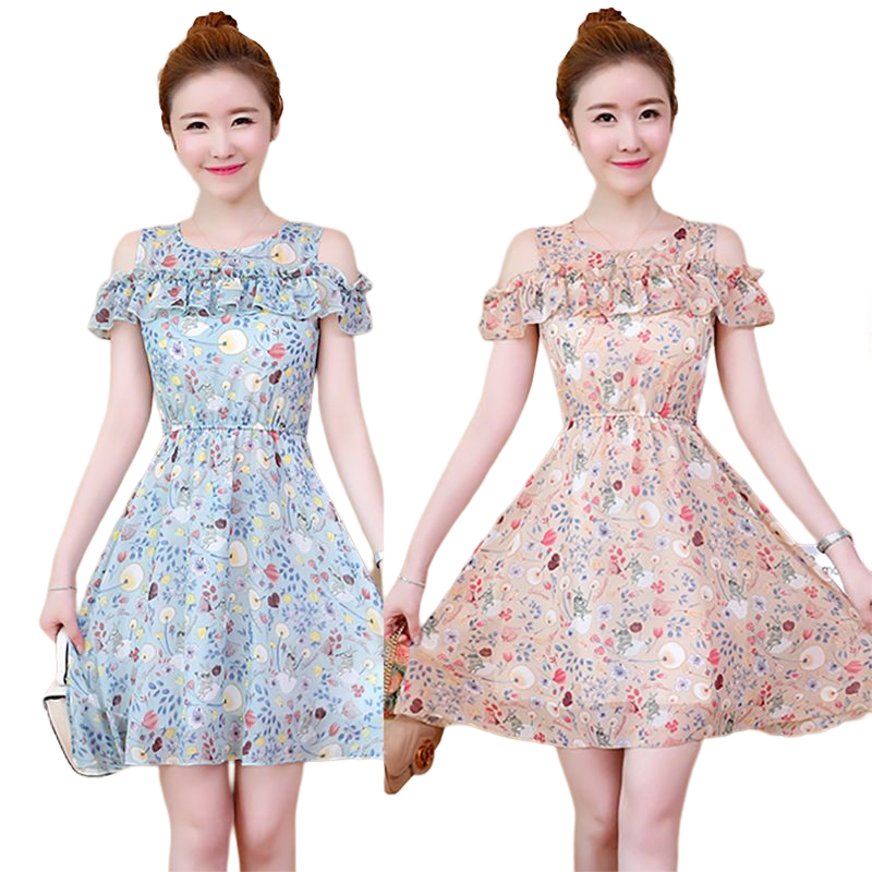 kudapy เดรสสั้นผ้าชีฟอง เดรสเว้าไหล่สีครีม สีเขียวอมฟ้า พิมพ์ลายตามแบบ ทรงบาน เอวจั้ม งานมีซับใน ซิบหลังค่ะ