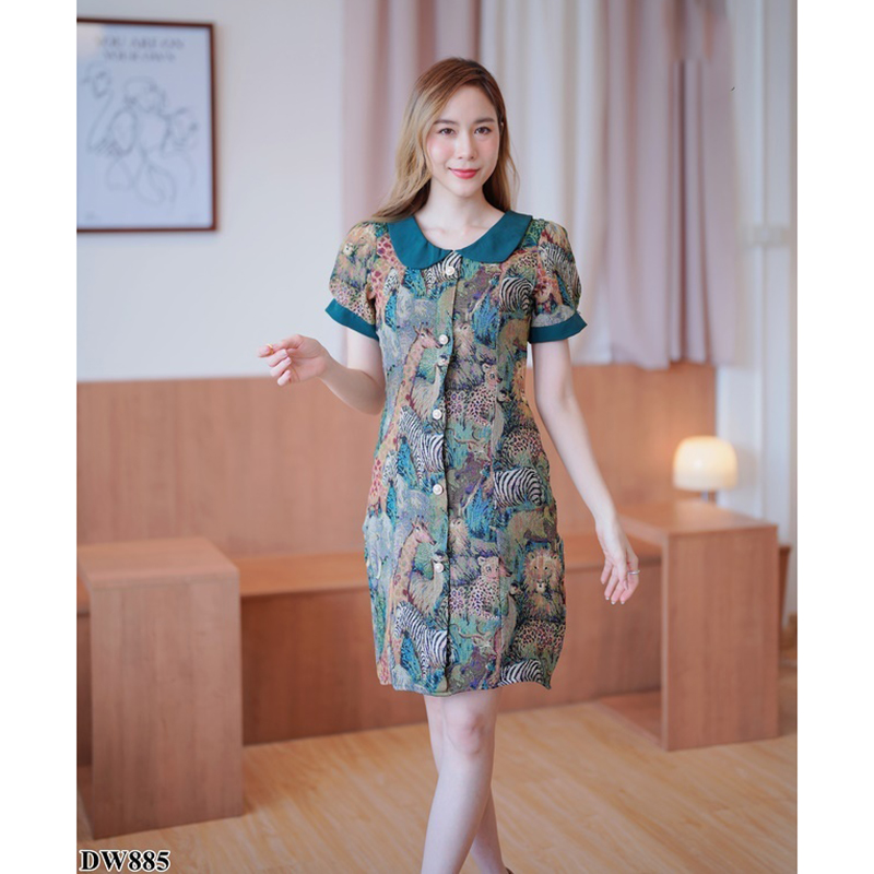 kudapy เดรสสั้นสีชมพู/สีเขียว/สีครีม คอบัวลูกไม้ผ้าทอ