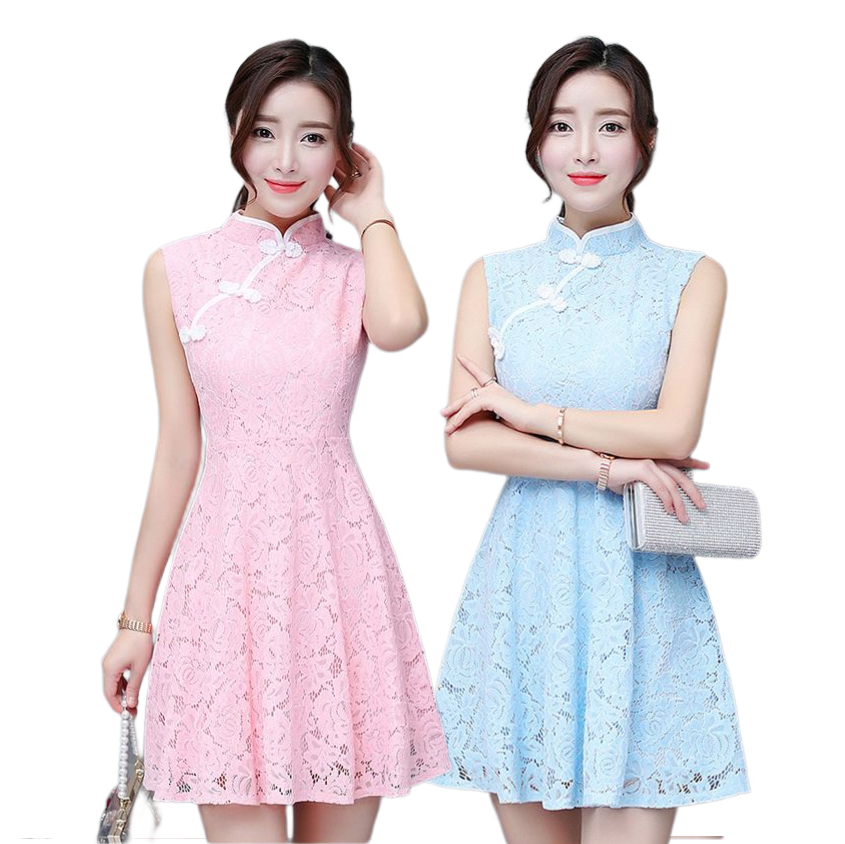 kudapy เดรสสั้นสีชมพู - สีฟ้า กี่เพ้า ผ้าลูกไม้ แขนกุด ทรงเข้ารูป มีซับใน มีซิปซ่อนด้านหลัง ใส่ทำงาน