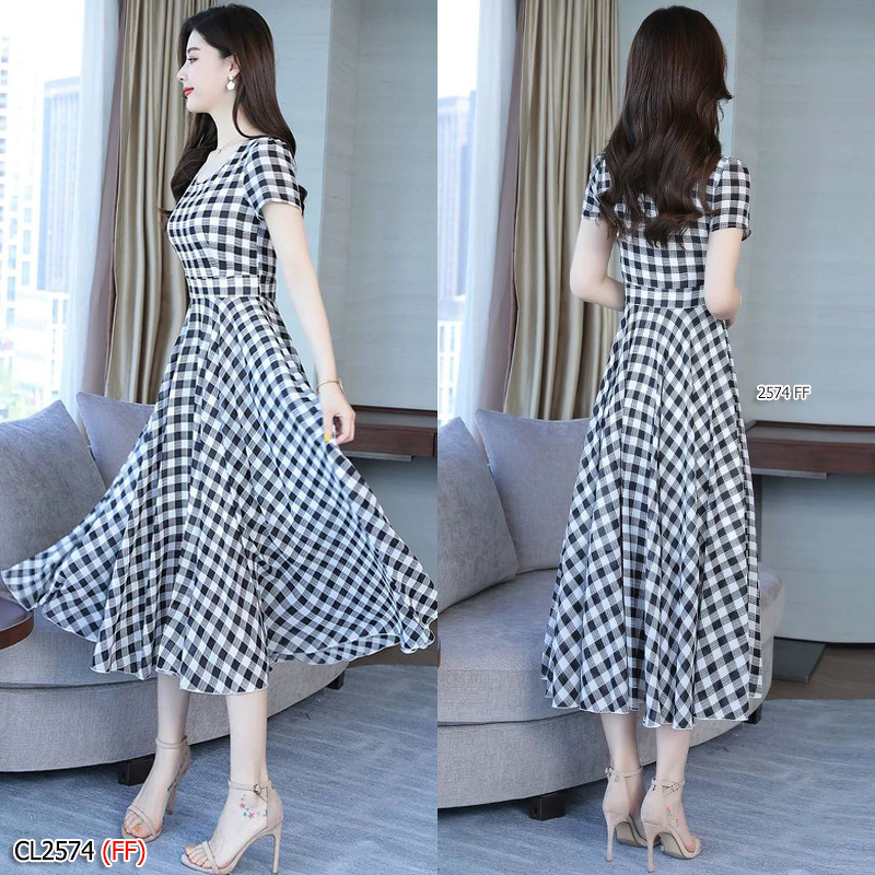 kudapy เดรสยาว/สีดำ/สีแดง/สีกรม ผ้าทอลายสก็อต แขนสั้น ชุดนี้ผ้าทอละเอียดเนื้อนิ่ม