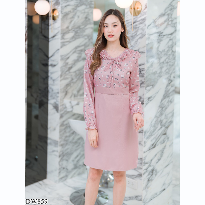 kudapy เดรสสั้นคอกลมสีฟ้า/สีชมพู/สีเขียว ใส่ทำงานแขนยาวคอระบายผูกโบว์กลางอก