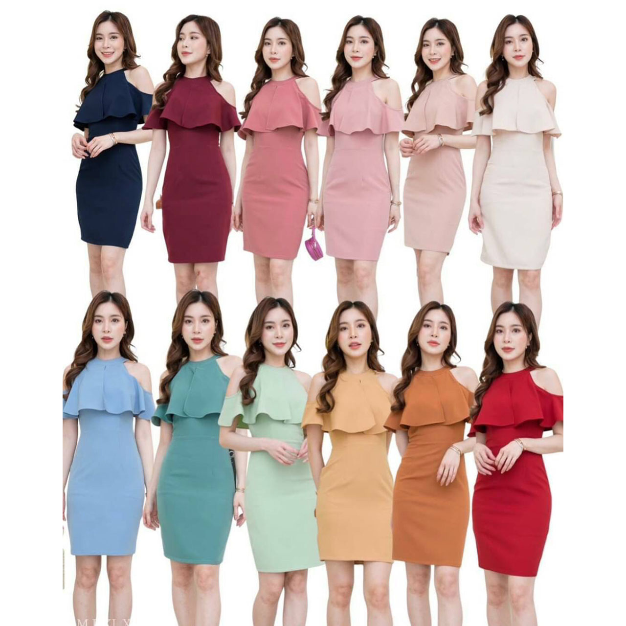 kudapy เดรสสั้นสีไวน์แดง/สีชมพูกลีบบัว/สีฟ้า/สีชมพูอ่อน เว้าไหล่ระบายผ้าบาบี้