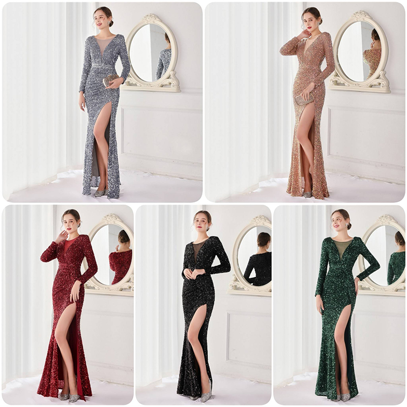 kudapy ชุดราตรียาวคอกลมแต่งวีโชว์เซ็กซี่ สีแดงเบอร์กันดี้,สีเขียว,สีชมพูโรสโกลด์,สีดำ,สีเทาเงิน ผ้ากริสเตอร์ทอแสง