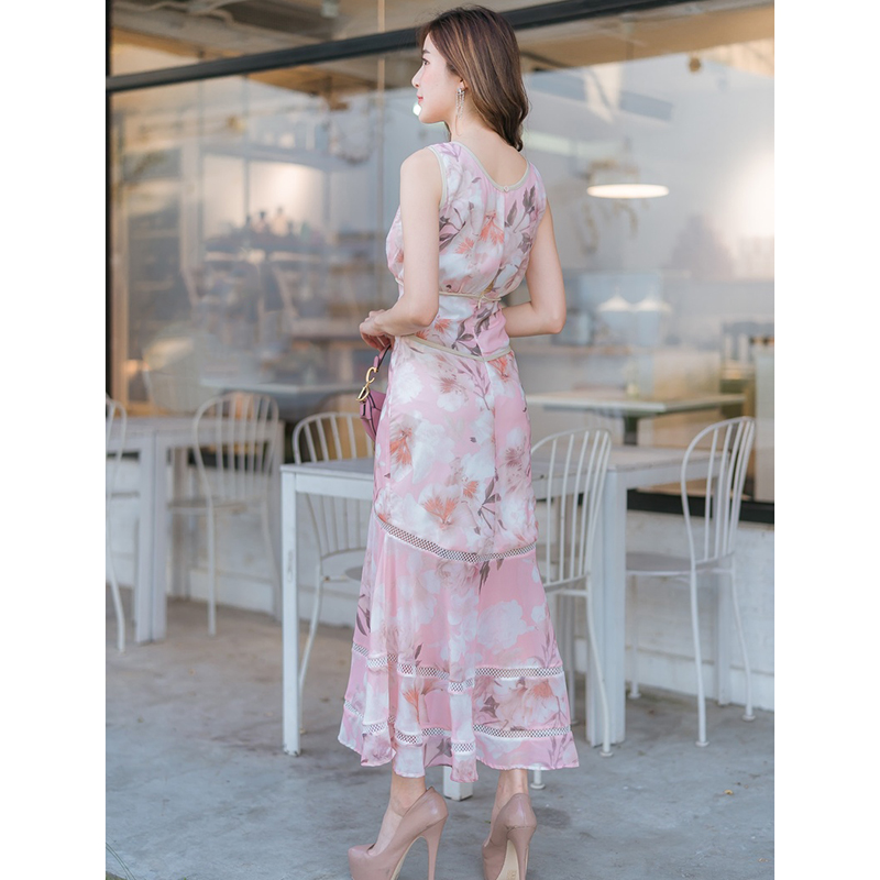 kudapy เดรสยาวสีชมพู แขนกุดพิมพ์ลายดอกซากุระ กระโปรงผ่าหน้า ผ้าชีฟองแต่งลายดอก XL 2XL