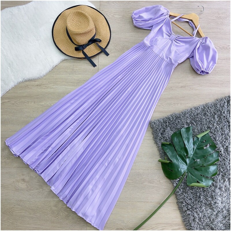 kudapy เดรสยาวแขนพอง สายผูกคอ กระโปรงอัดพลีท เดรสไปทะเลพริ้วๆ