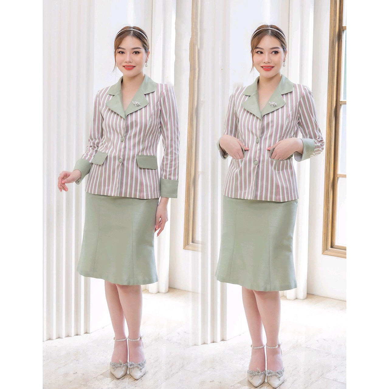 kudapy ชุดเซ็ทสีเขียว เสื้อผ้าไหมแพรทิพย์เกรดพรีเมี่ยมอัดกาวอย่างดี กระโปรงผ้าไหมแพรทิพย์อัดกาว ตะขอซิปหลัง