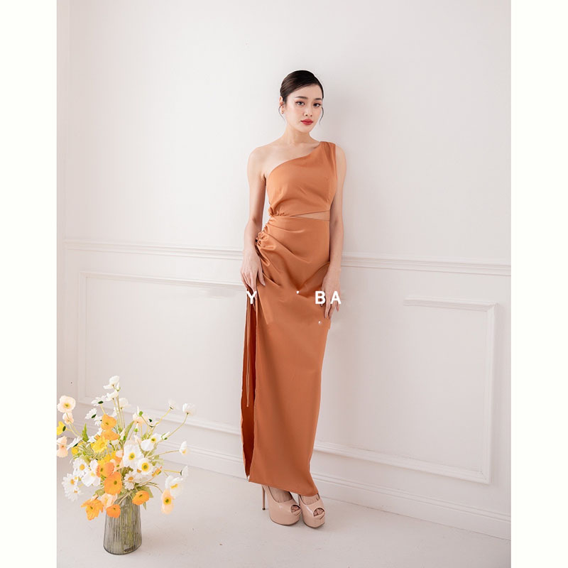 kudapy เดรสยาวน้ำตาลอิฐ / ชมพู / เขียว ดีเทลซีทรูคอดเข้าช่วงเอวบน ด้านข้างแหวกเป็นแบบรูดปรับระดับได้ตามชอบ