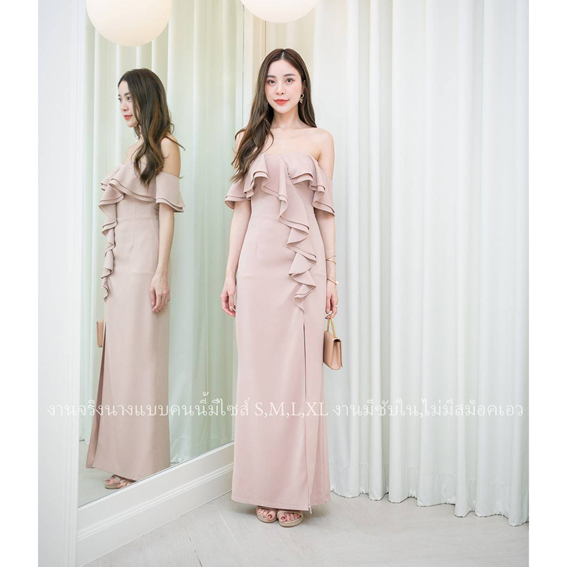 kudapy เดรสยาวสีน้ำตาลอิฐ/สีโอวัลติน สวยออกงาน ปาดไหล่ระบาย2ชั้น ทรงสวยออกงานเริ่ดดๆ ผ้าเนื้อดีมีซับใน