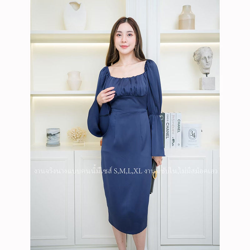 kudapy เดรสสั้นสีชมพู,กรม,น้ำตาลอิฐ สวยจับจีบแขนระบาย ผ้าเครปซาตินเนื้อดีมีซับใน ใส่ออกงาน ใส่ทำงาน