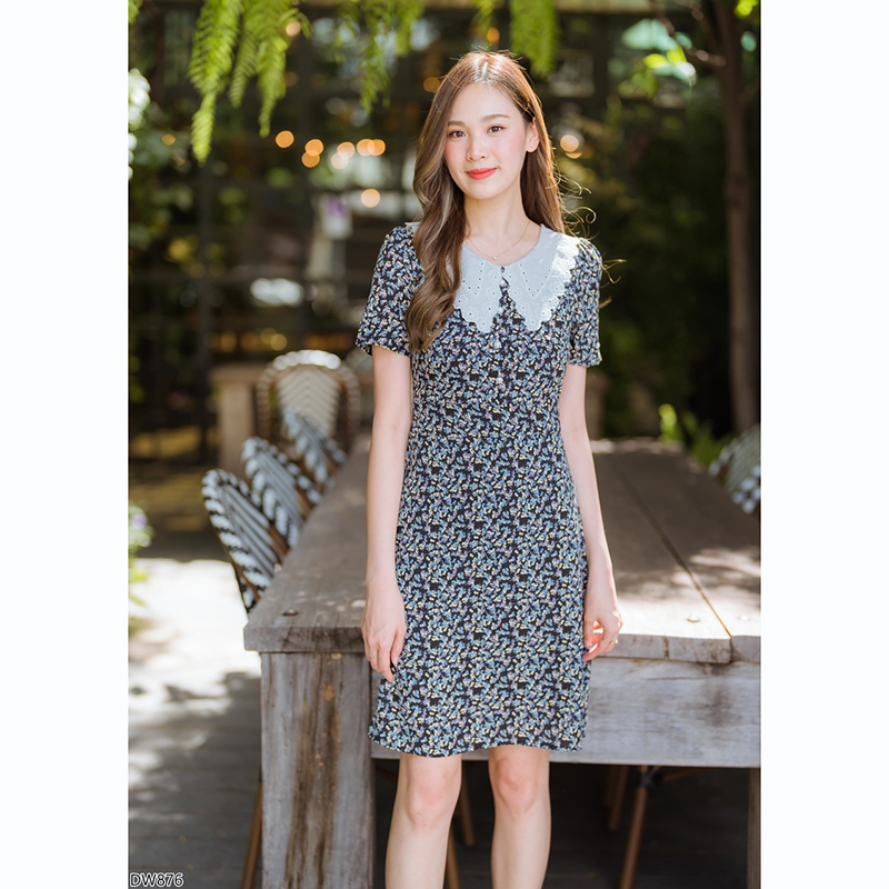 kudapy เดรสสั้นคอปกลูกไม้สีกรม/สีชมพู/สีเหลือง เดรสทำงานลายดอกปกลูกไม้