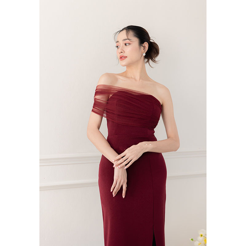 kudapy เดรสยาวสีแดง/สีโอวัลติน แขนกุด จะใส่เปิดไหล่ก็สวย ใส่เป็นแก๊งเพื่อนเจ้าสาว หรือใส่ออกงานก็เริ่ดหมด