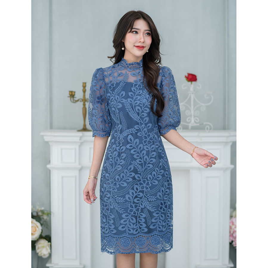 kudapy เดรสสั้นลูกไม้สีฟ้าคราม/สีชมพูอ่อน/สีชมพูบานเย็น เดรสคอจีน แต่งแขนพองบอลลูนสีส่วน