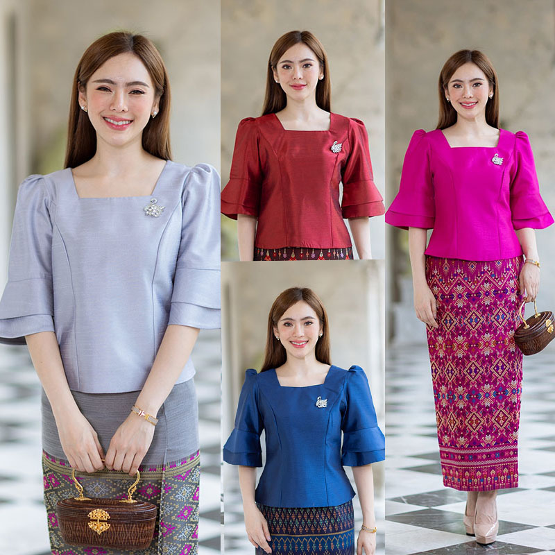 kudapy เสื้อสีแดง/สีเทา/สีกรม/สีชมพู ผ้าไหม4เส้น ทุกสีใส่แล้วขับผิวดูดี เนื้อผ้าทอ เนื้อเบาสบาย ใส่สบายผิว มีลายเส้นในตัว ใส่คู่กับ ผ้าไทยลายแพรวา หรือ ผ้าลายกวินตาทอสอดดิ้นหรูหรา