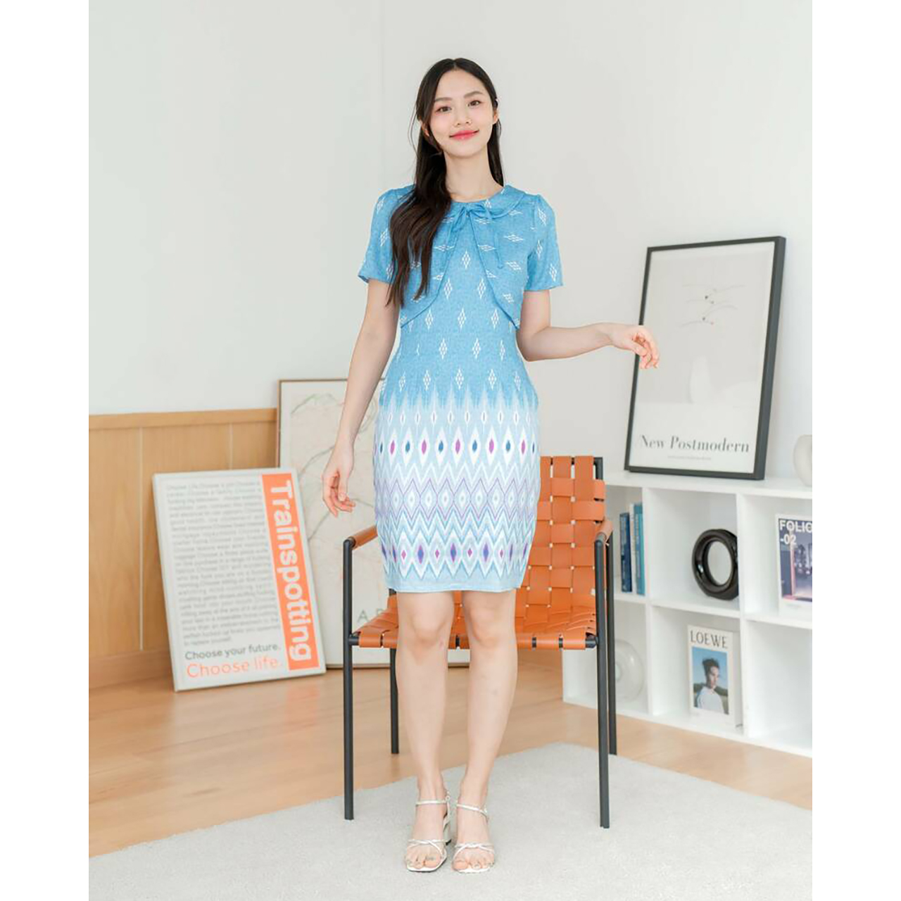 kudapy เดรสสั้นสีเหลือง/สีม่วง/สีฟ้า ลายไทยแต่งกั๊กผูกโบว์