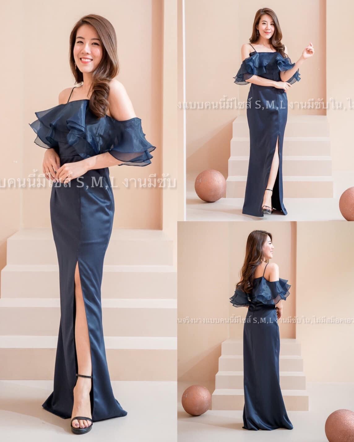 kudapy ชุดเดรสยาวสายเดี่ยวสีกรมท่า ,สีทอง ,สีโอวัลติน ผ้าซาร่าไม่ยืดนะคะ ระบายผ้าออแกนดี้2ชั้น