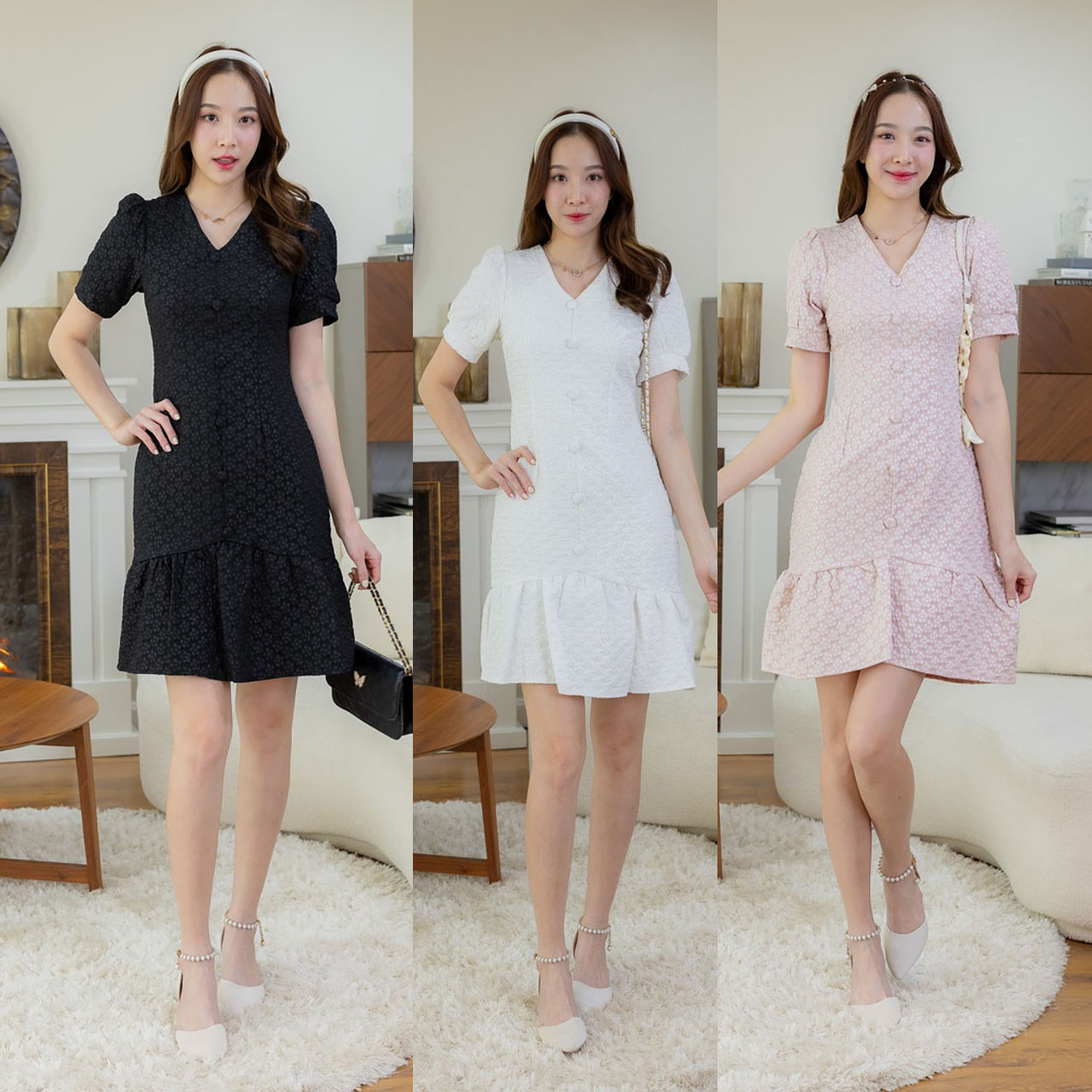kudapy เดรสสั้นสีชมพู/สีดำ/สีขาว ผ้าทอลายนูนดอกไม้ชายระบาย
