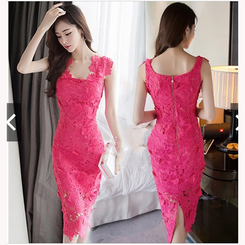 kudapy เดรสสั้นสีชมพูบานเย็น ลูกไม้ แขนกุดแต่งลูกไม้ตรงไหล่ ผ้าลูกไม้ลายดอกไม้สวยๆ ยืดหยุ่นได้เล็กน้อย ทรงเข้ารูป