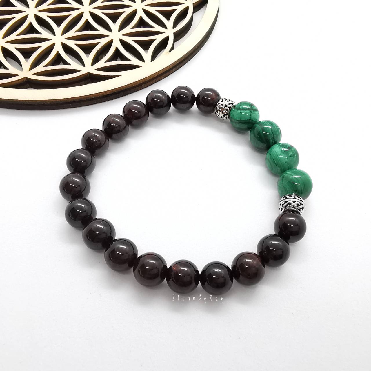 สร้อยข้อมือหินมาลาไคต์ร้อยกับหินโกเมน Malachite+Garnet