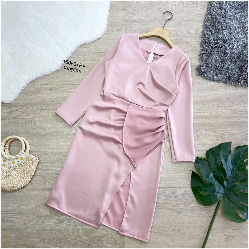 kudapy เดรสแขนยาวสีพื้น แต่งจีบ ผ่าหน้า ชุดออกงาน ชุดเพื่อนเจ้าสาว เดรสงานแต่ง ใส่ไปเที่ยวสวยดูดี