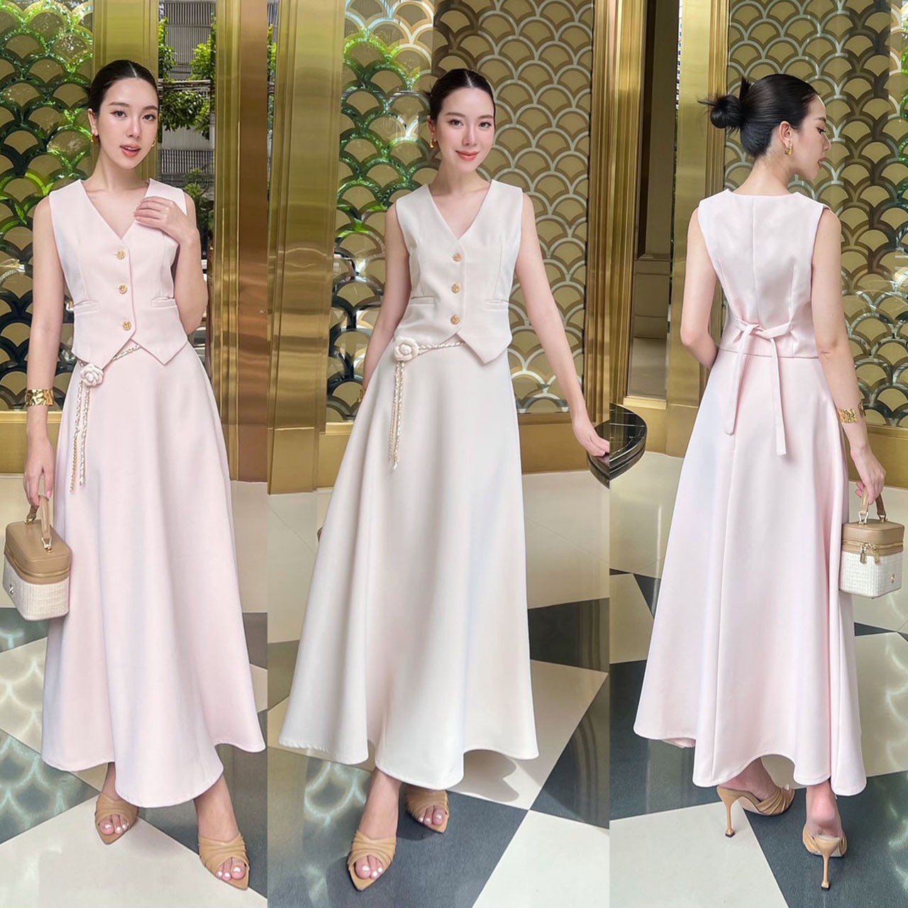 kudapy เซ็ท 3 ชิ้น เสื้อ Vest+กระโปรงยาว+เข็มขัด เสื้อกับกระโปรงเราใช้ผ้าเดียวกัน มีเชือกผูกด้านหลังเพื่อปรับ