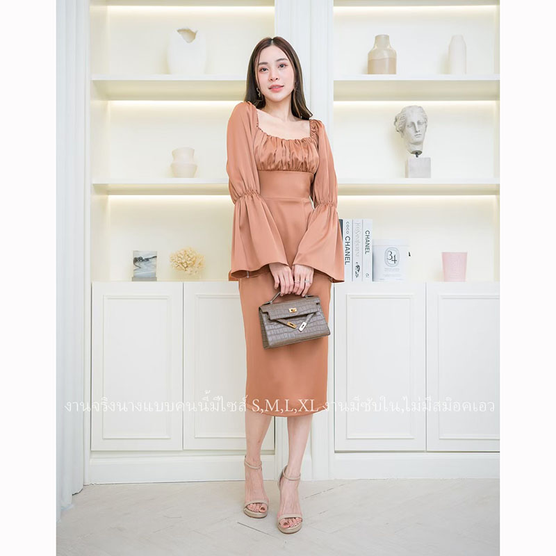 kudapy เดรสสั้นสีชมพู,กรม,น้ำตาลอิฐ สวยจับจีบแขนระบาย ผ้าเครปซาตินเนื้อดีมีซับใน ใส่ออกงาน ใส่ทำงาน