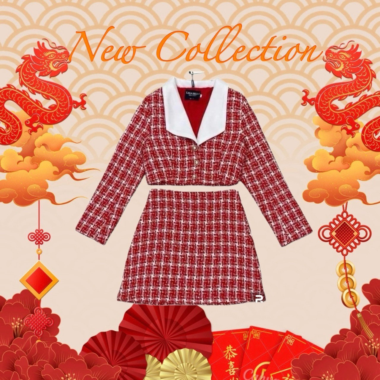 kudapy เซตสีแดงแขนยาว ผ้าทวิต ช่วงอกแต่งคอปก งานผ้าสวย ลายสวย