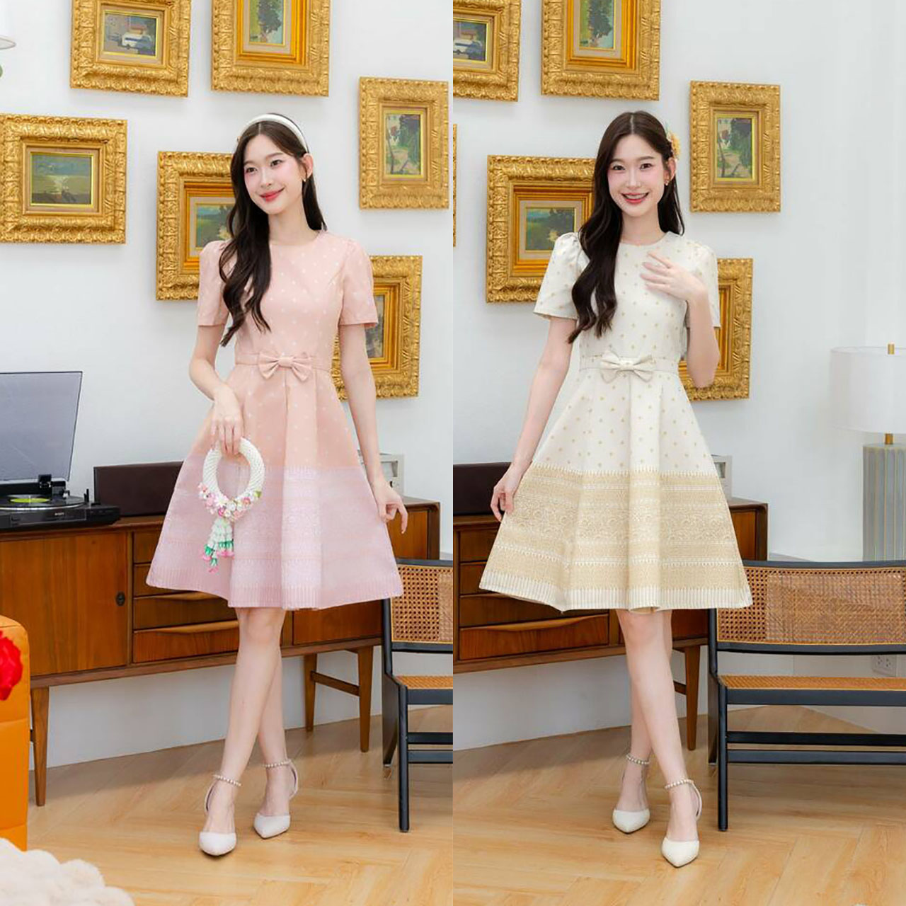 kudapy เดรสสั้นสีขาว/สีชมพู ใส่ทำงานผ้าไทยลายทอ แต่งโบว์เองสวยดูดี