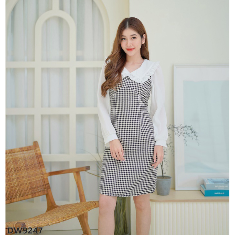 kudapy เดัส้นสีดำ/สีชมพู/สีน้ำตาล เดรสลายสก็อตแขนยาวคอปก