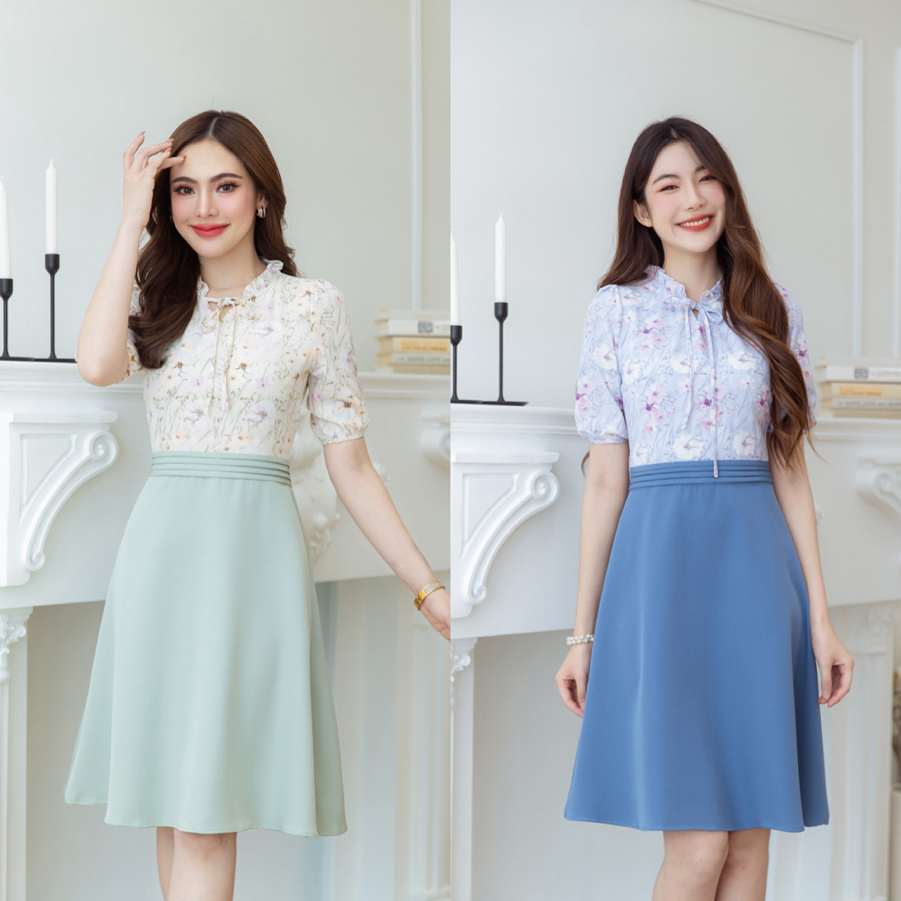 kudapy เดรสสั้นสีเขียวพาสเทล/สีฟ้าคราม ลายดอกสวยละมุน กระโปรงผ้าพื้น สวยลงตัว มีดีเทลจีบและผูกโบว์ช่วงคอ