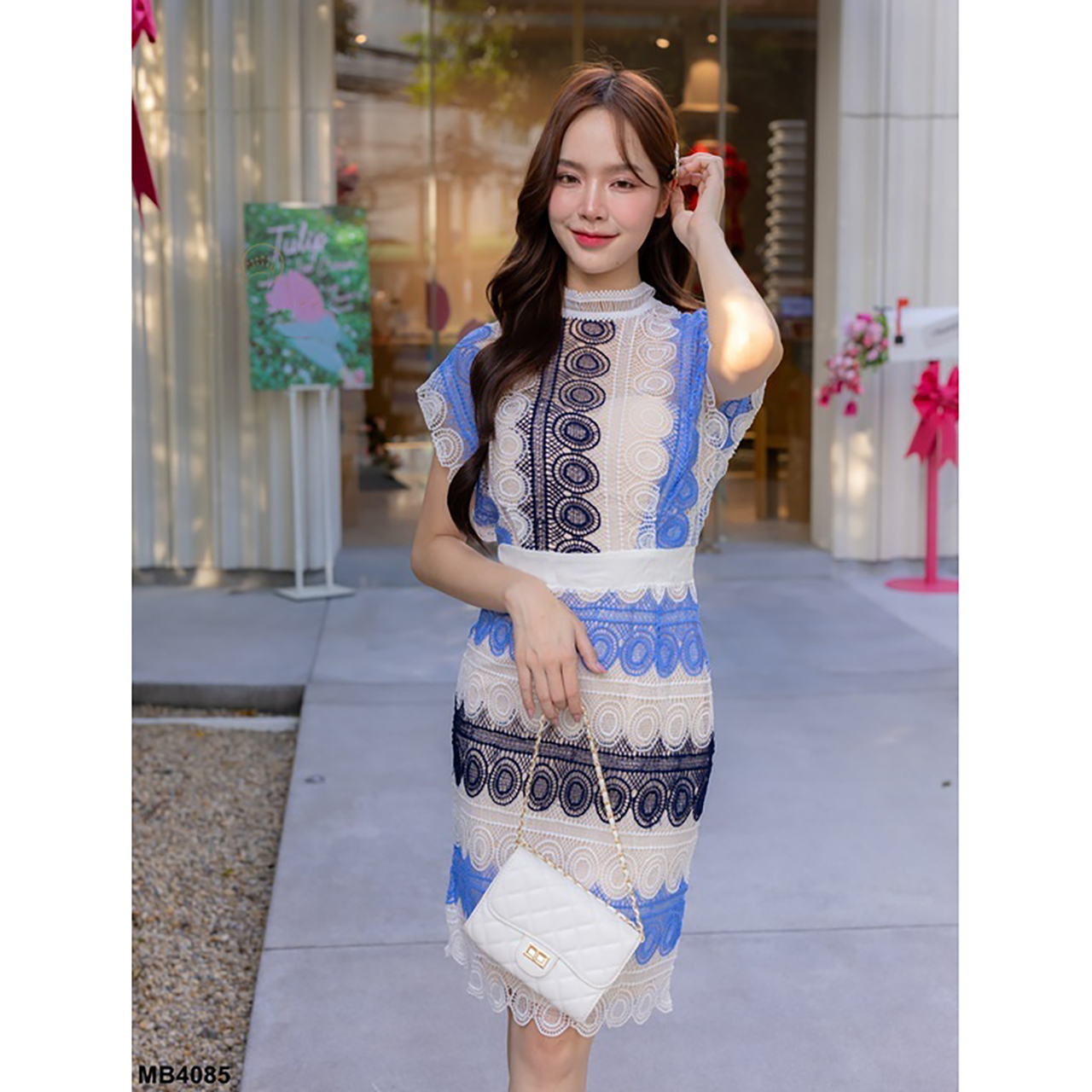 kudapy ชุดเซ็ทสีฟ้า/สีชมพู ใส่ออกงาน ผ้าลูกไม้ลายกลม สีทูโทน มีซับใน พร้อมงานซิปหลัง