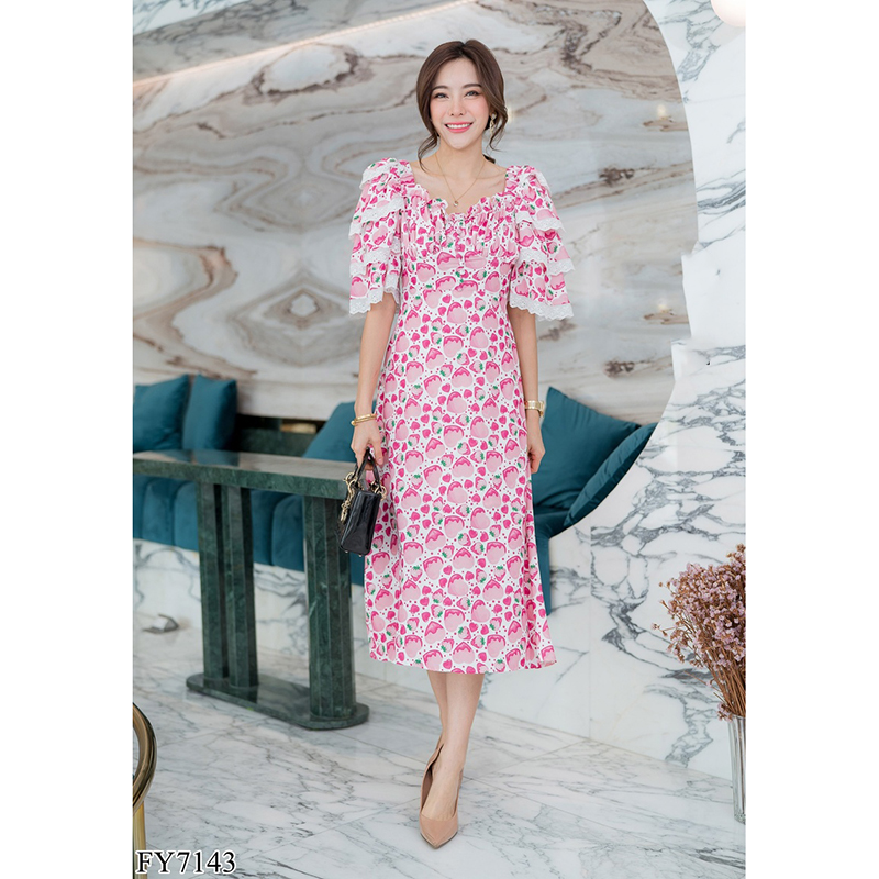 kudapy เดรสยาวสีขาว/สีดำ แขนระบายชั้น ใส่สบายสวยดูดีน่ารัก