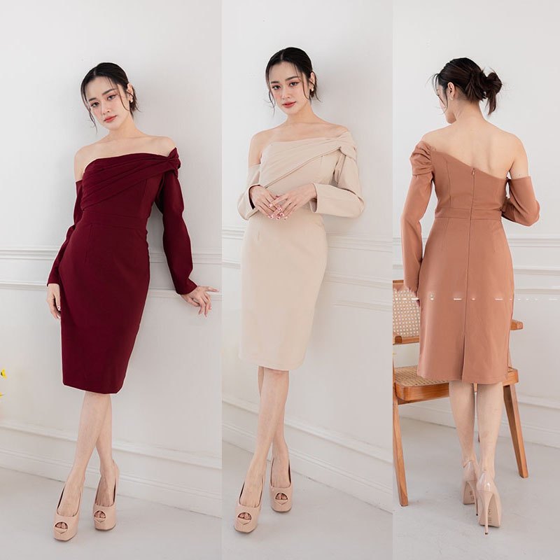 kudapy เดรสสั้นสีน้ำตาล , นู้ด , แดง ปาดไหล่ ดีเทลแต่งแขนยาว ให้ลุคไฮโซสุดด ขอบอกว่าสวยทุกสี ใส่แล้วขับผิวเว่อ